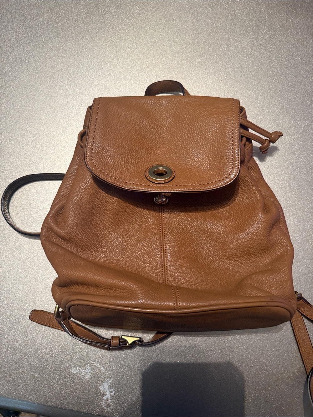 Coach Brown Leather Drawstring Backpack with Turn-Lock Flap